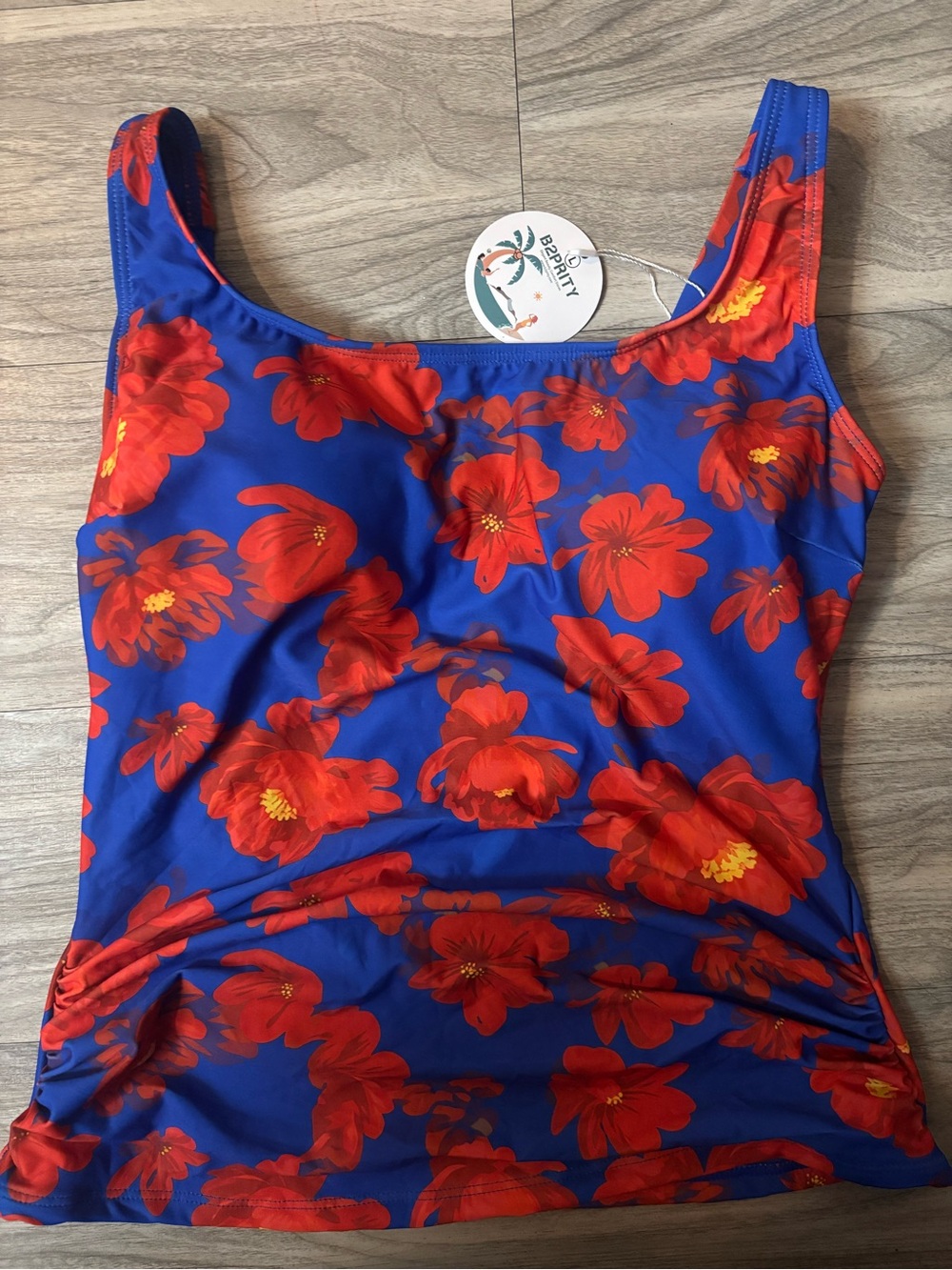 BreezyFit Women’s Blue Floral Tankini Top with Red Bloom Print